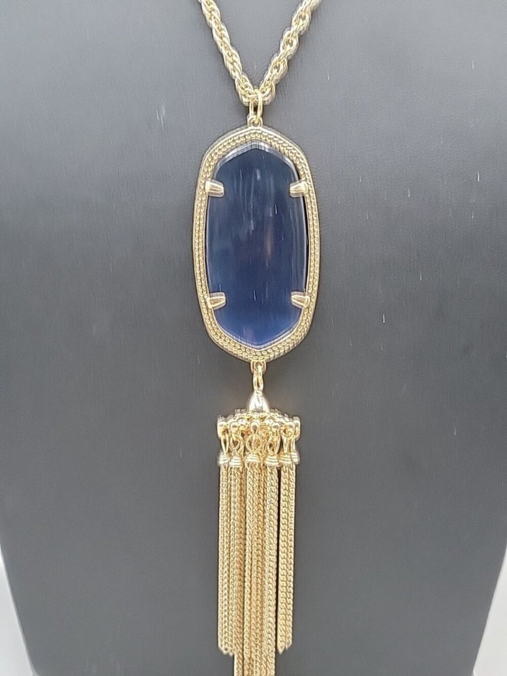 Kendra Scott Rayne Necklace 14kgp Navy Blue Faux Cats Eye Tassel Pendant 30" - Picture 4 of 14